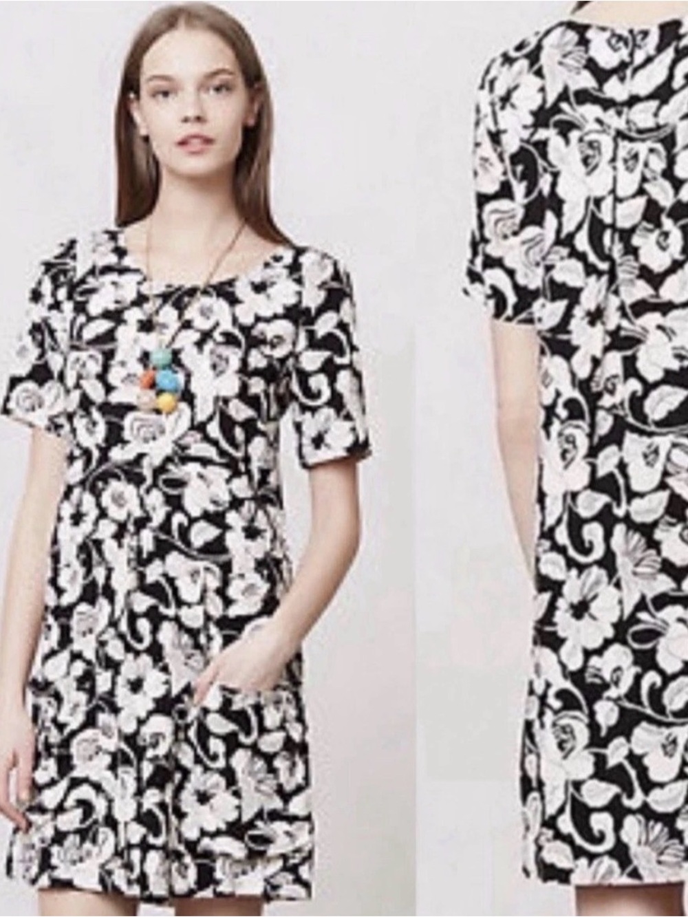 Maeve Anthropologie Zola Black White Floral Shift Dress S Pockets